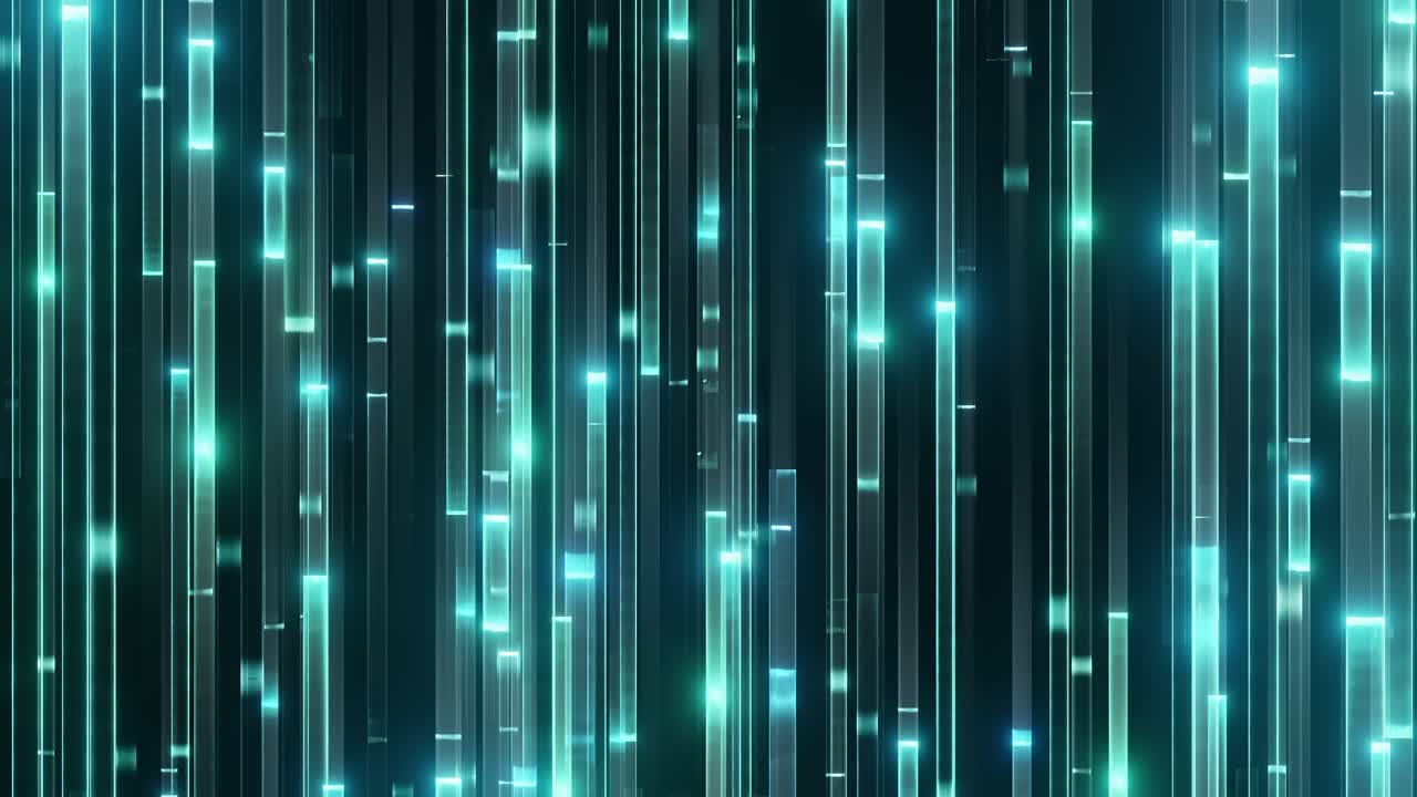 Abstract vertical glowing turquoise lines moving fast. Digital data stream concept high tech futuristic background. Cyber network fiber optics energy motion