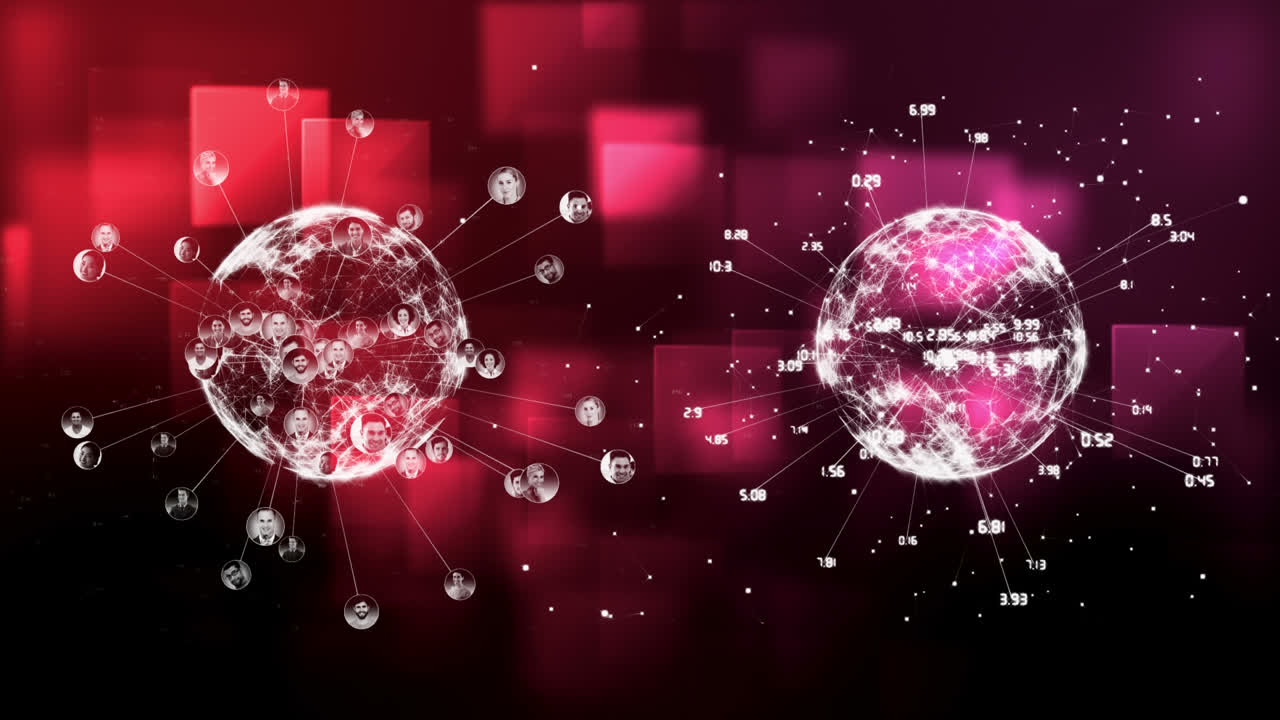 데이터 연결에 둘러싸여 회전하는 두 개의 디지털 글로브