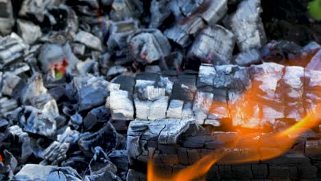 Burning-wood-an-coals-in-rusty-portable-outdoor-BBQ-grill-in-sunny-day,-close-up-shot