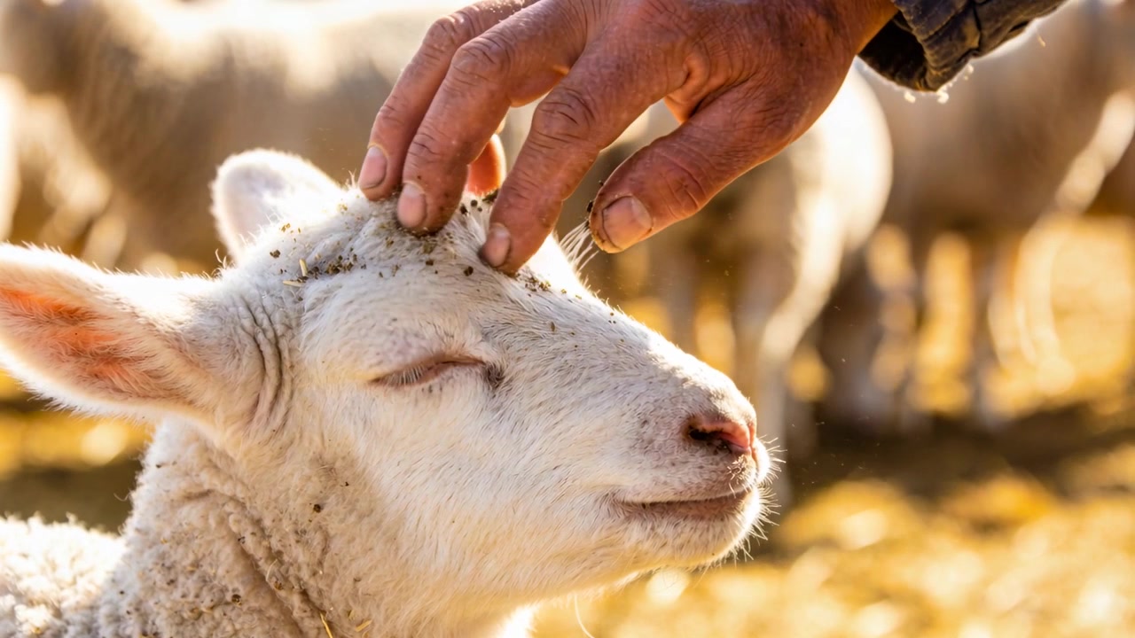 Una mano segnata dal tempo, con polsini scuri, che accarezza e rassicura la testa di un agnello in un recinto con paglia e pecore.