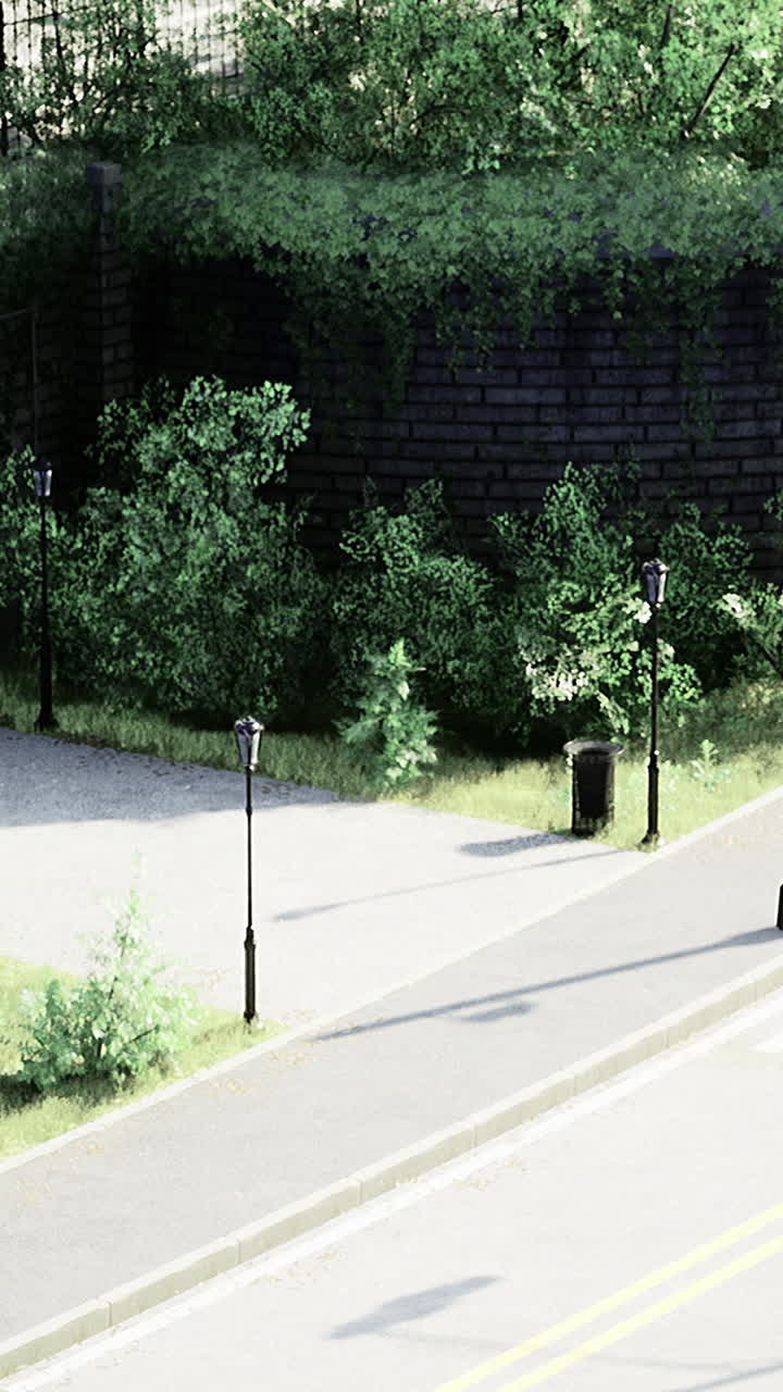 Nature reclaims urban space in a tranquil city corner under sunlight