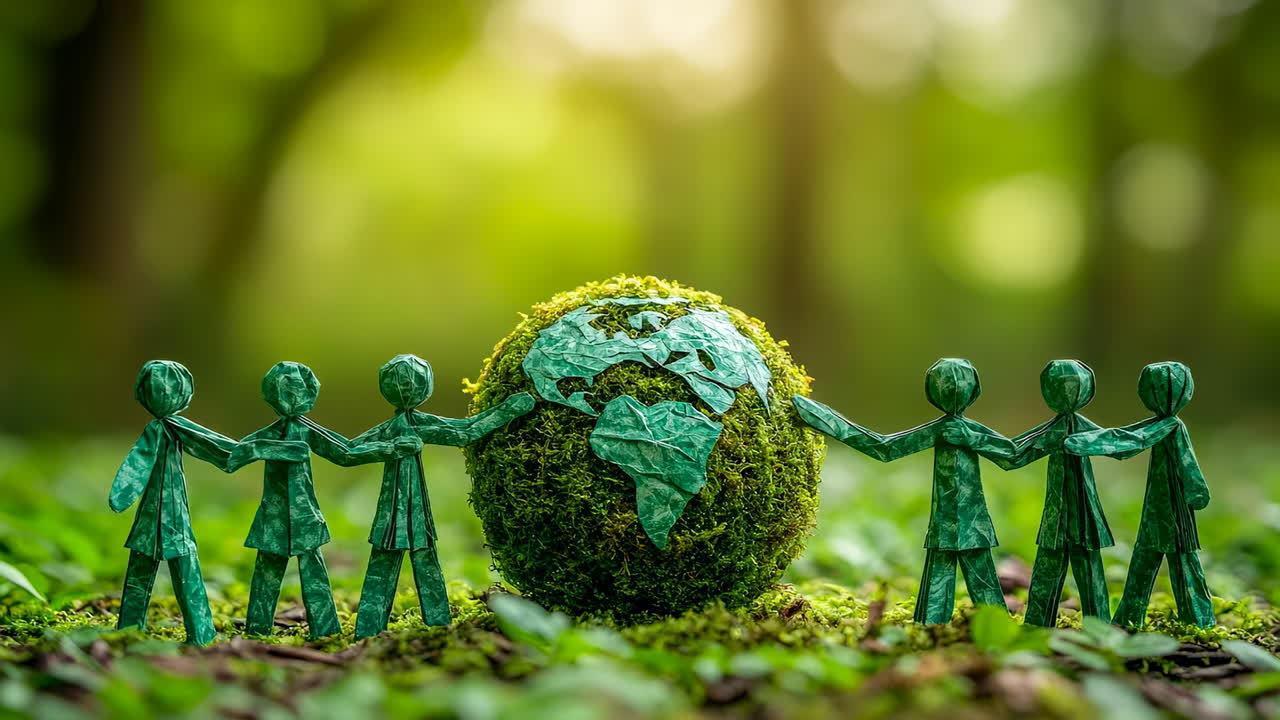 Green figures hold Earth made of moss. Small green figures surround a moss-covered globe in a wooded area during daytime