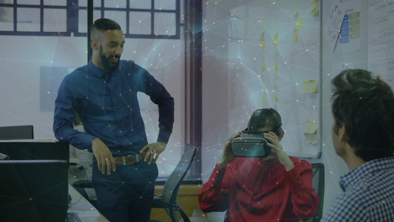 Business worker adjusting VR headset and exploring environment as colleagues watching whiteboard