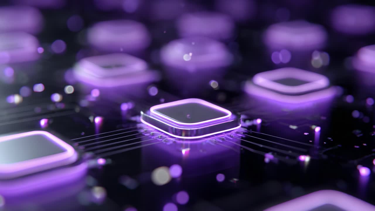 A Stunning Visualization of Advanced Processor Technology in Action, Showcasing a Network of Interconnected Chips Glowing with Vibrant Purple Light, Emphasizing Modern Digital Innovation and High-Tech Design