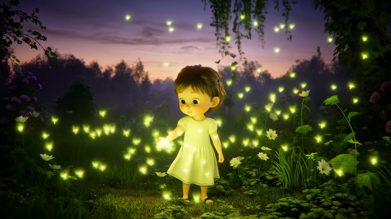Animated Little Girl Interacting with Magical Fireflies in an Enchanted Forest