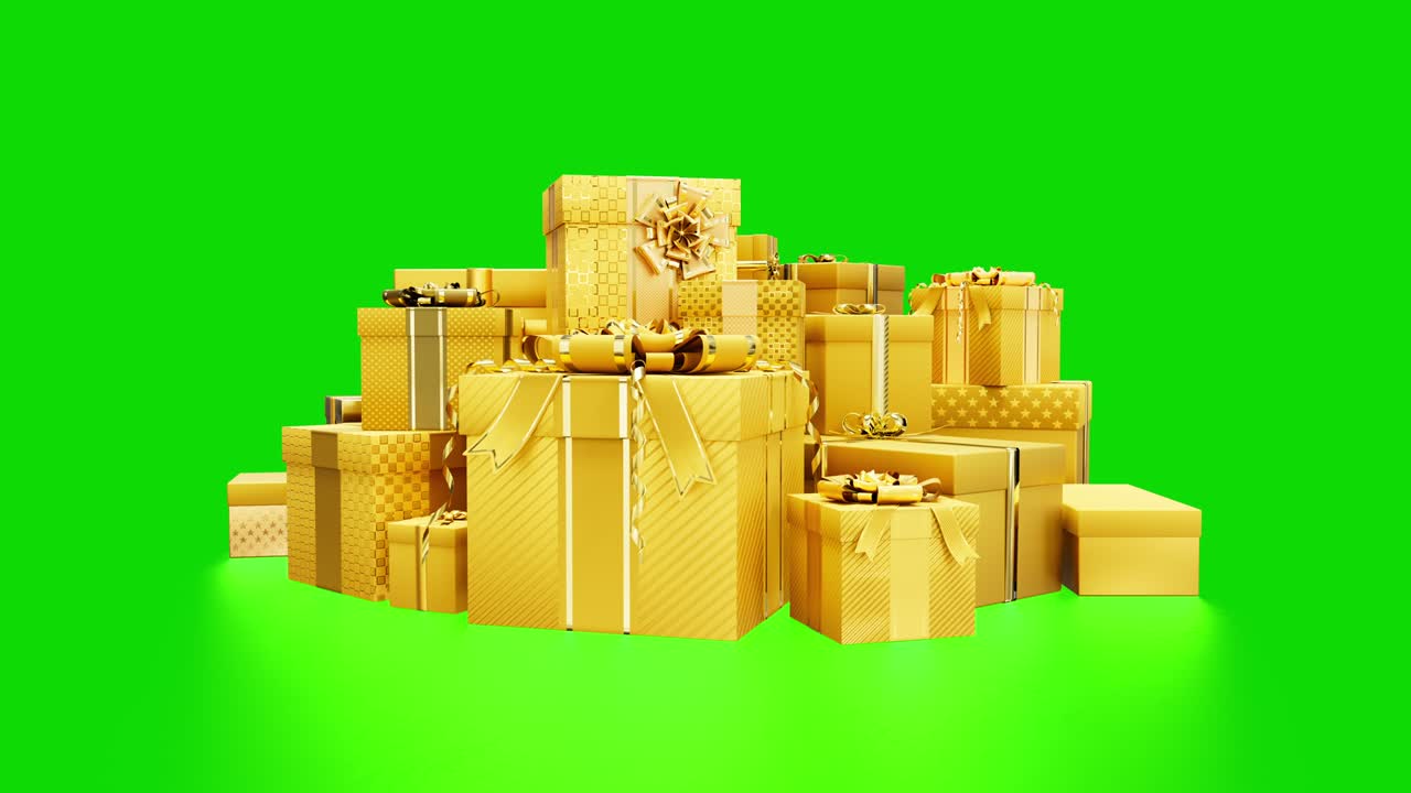 녹색 스크린에 새해 선물의 황금 어리, 고립