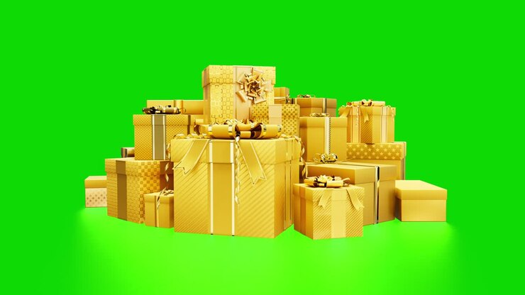 golden pile of gifts for new year on green screen, isolated