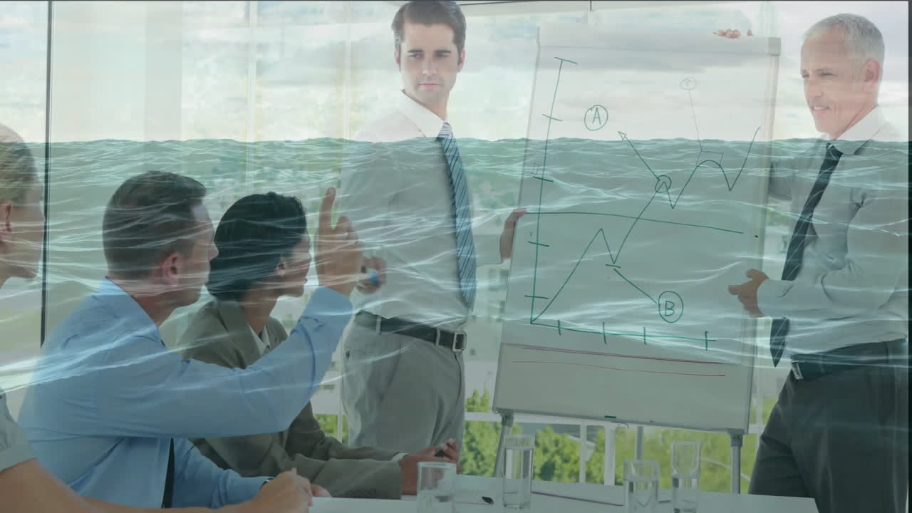 Business meeting with ocean waves animation over presentation on growth chart
