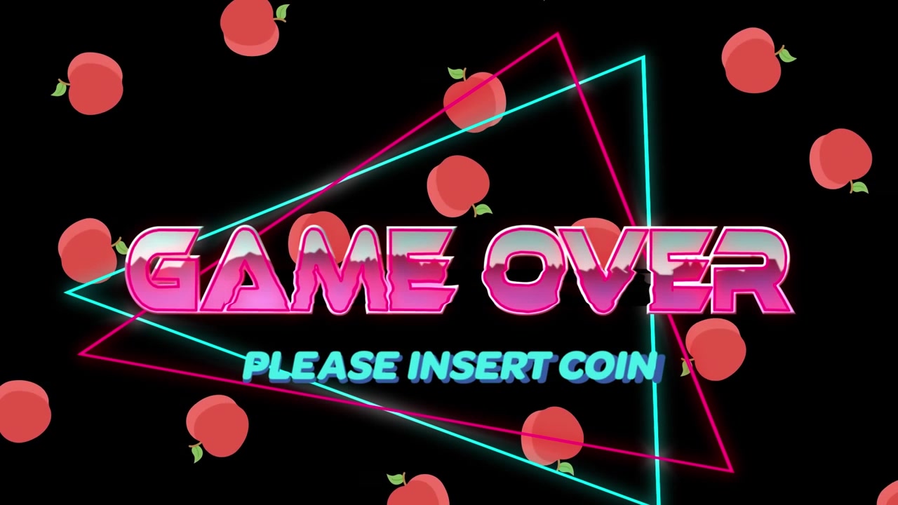 Texto de "game over" con fallo digital y animación en bucle de manzanas rojas cayendo