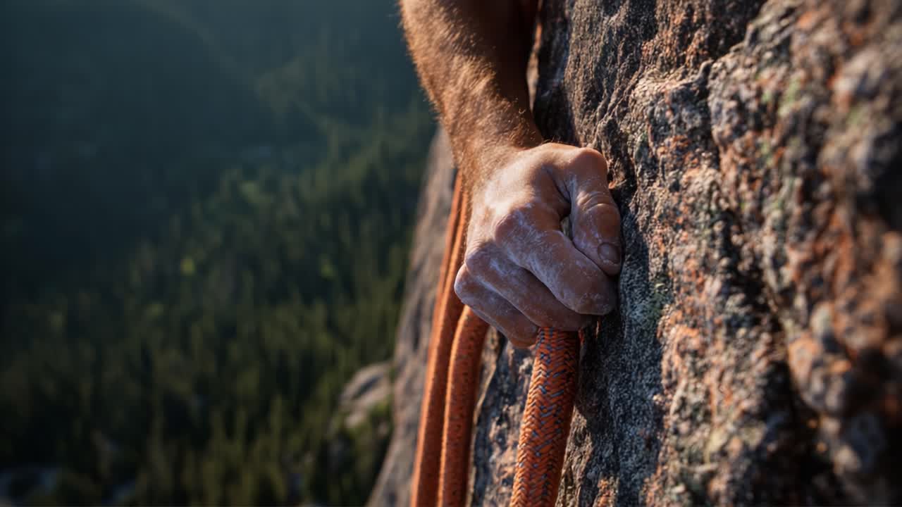 A climber's hand grips the rugged surface of a mountain rock with determination while the sunlight bathes the scene, symbolizing courage, adventure, and the spirit of outdoor exploration in nature's majestic heights