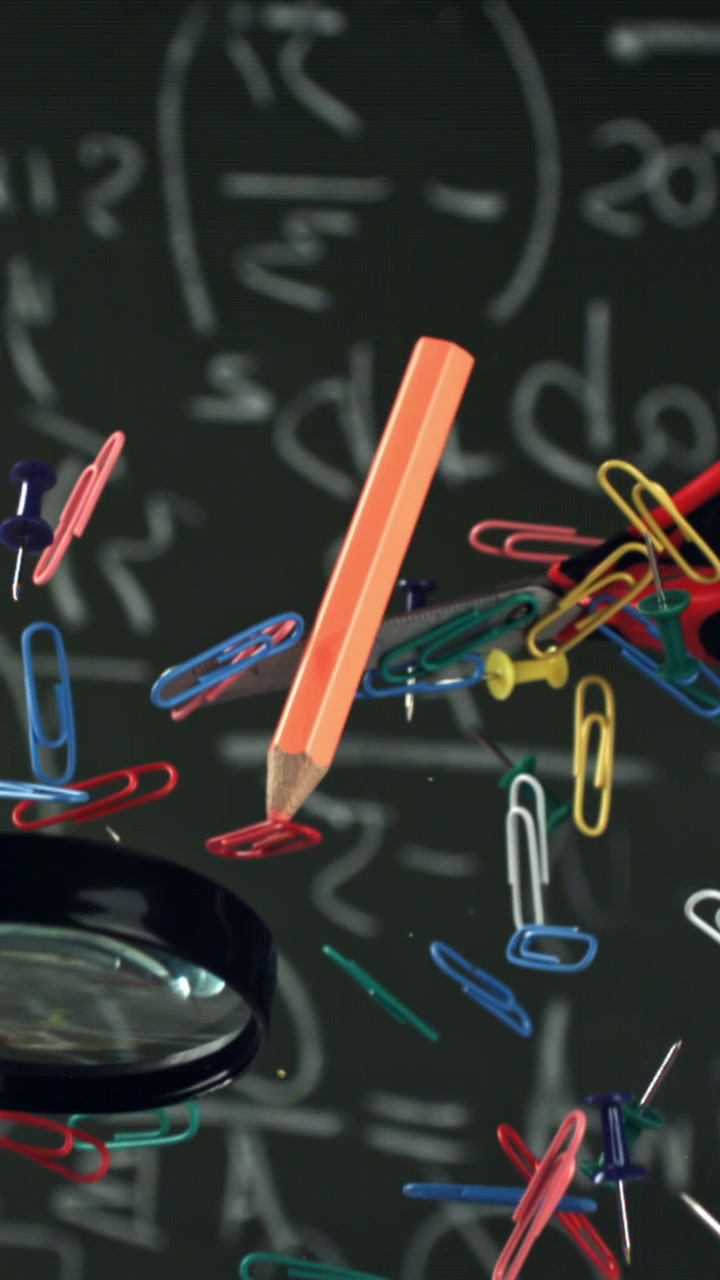 Colorful School Supplies Floating in Front of a Chalkboard with Math Equations