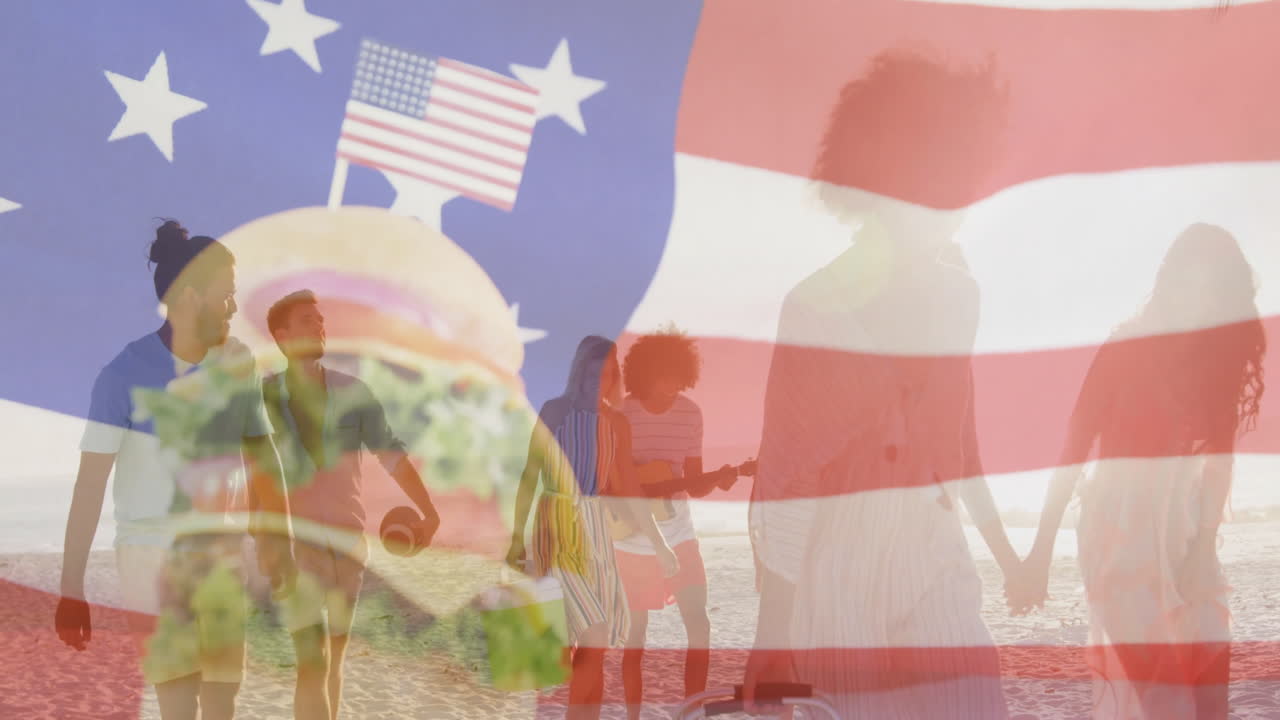 At beach, friends with American flag, animation of burger overlaying scene