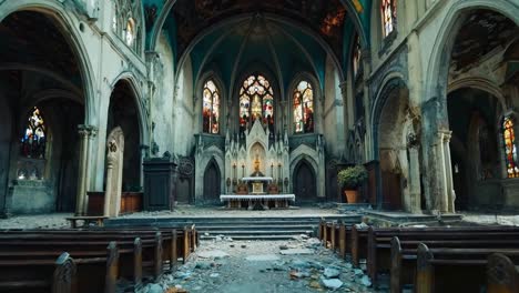 a church with stained glass windows and pews in it