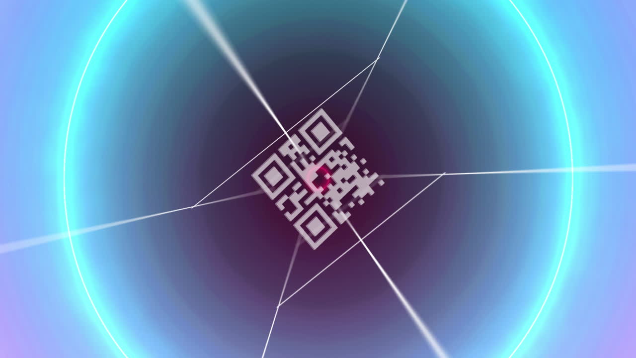 animación de círculos de neón sobre el código qr que gira sobre un fondo violeta