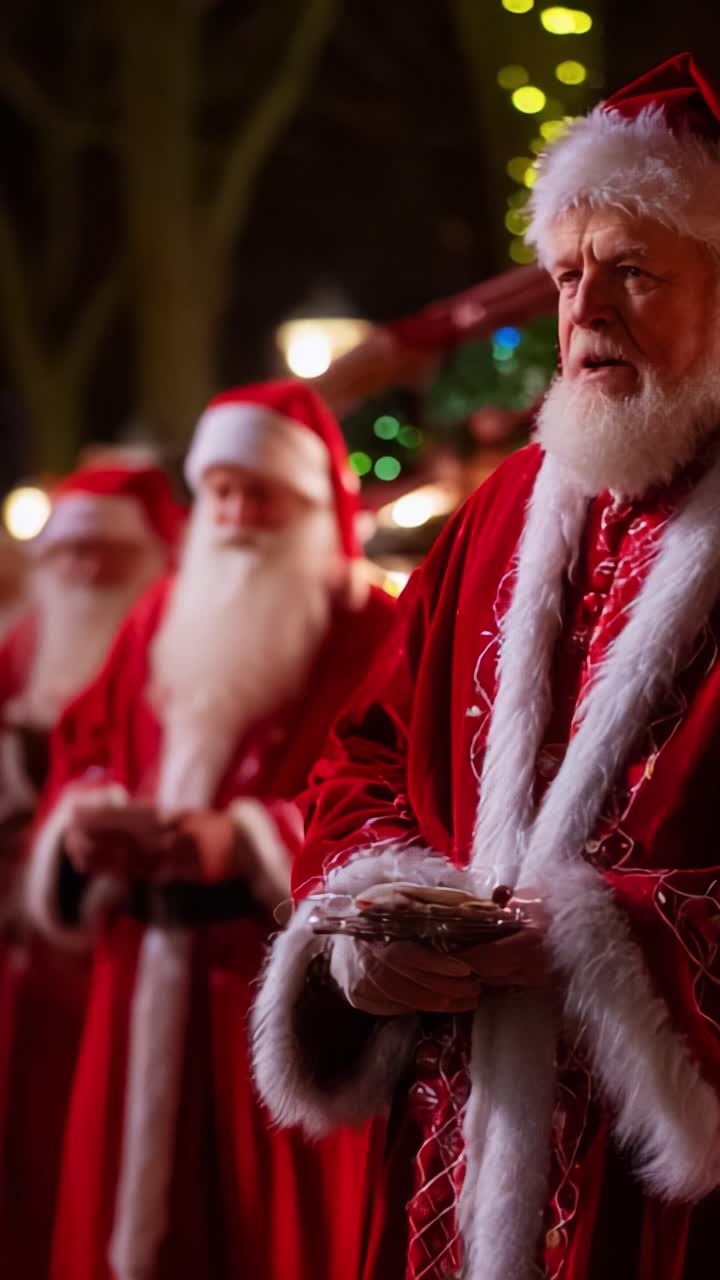In a festive night scene, several Santa Claus figures gather together, illuminated by twinkling lights and displaying their classic red suits and white beards, embodying the joyful spirit of the holiday season