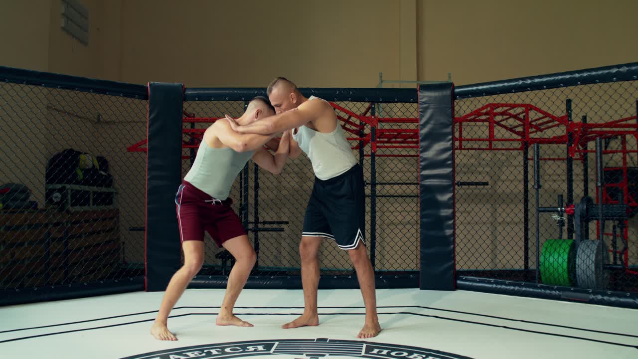 MMA-kæmpere, der sparrer i bur