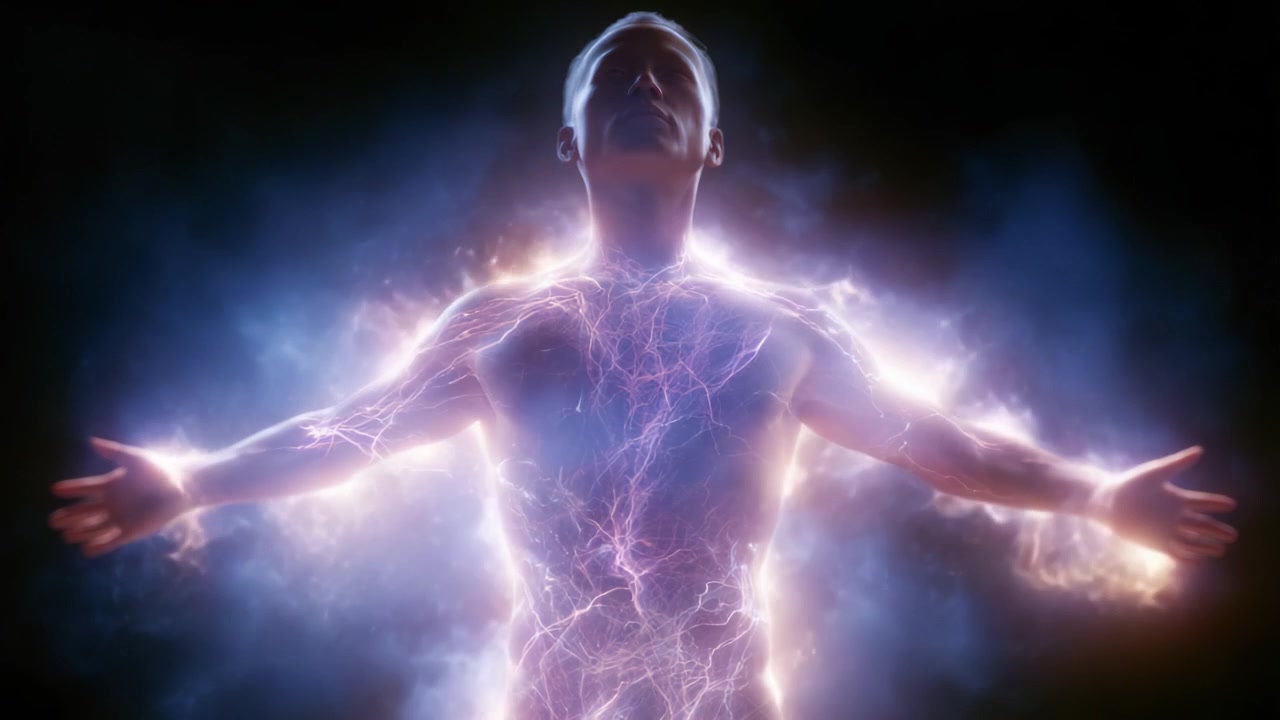 Una explosión etérea de energía rodea la figura mientras abraza un aura cósmica, iluminando su cuerpo con vibrantes zarcillos eléctricos en una impresionante representación visual de poder.