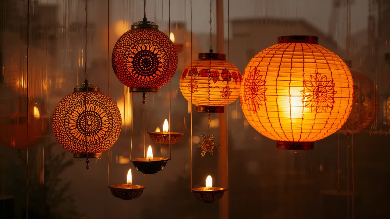 Flickering oil flames, lanterns glowing in dusk window with orange lantern and metal spheres