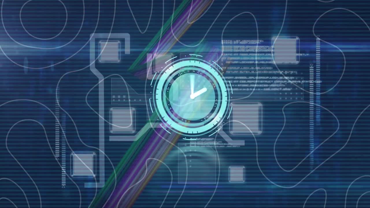 Animation of clock over computer network, contour lines and data processing, on black