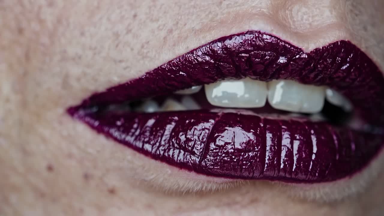 primer plano de los labios de una mujer con lápiz labial borgoña
