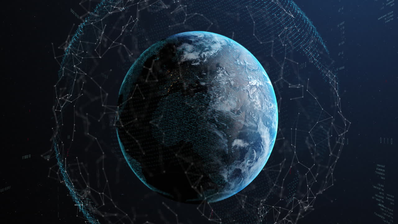 Animation of connected dots and binary codes with programming language around rotating globe