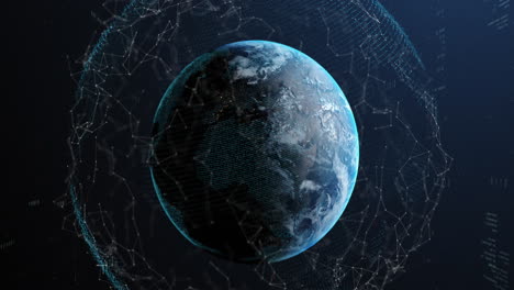 animación de puntos conectados y códigos binarios con lenguaje de programación alrededor de un globo giratorio
