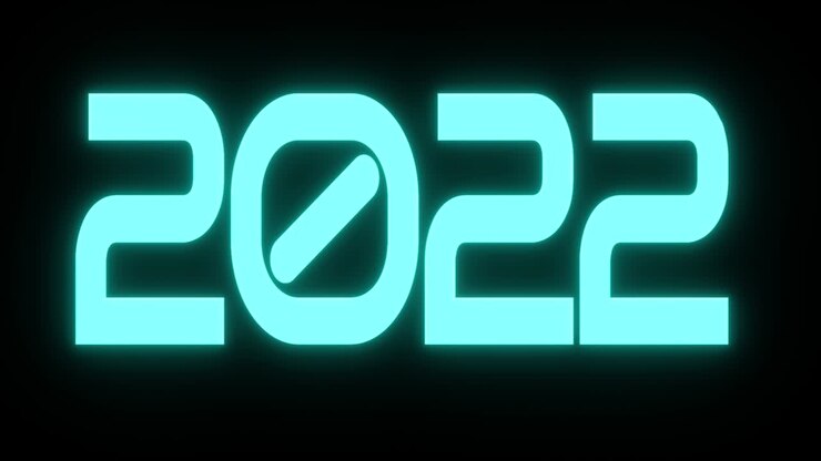 Glitrende tal 2022 på en sort baggrund. Nytårs 3D-animation af en sømløs loop. Blå farve.