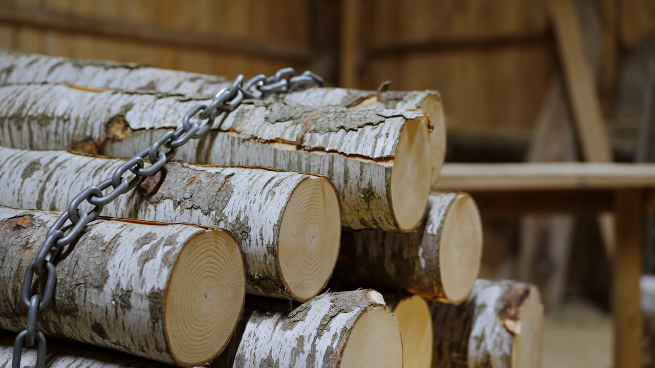 Stacked Birch Logs In Wooden Shed, Heavy Chain Draped Across Pile, Closeup Of Cut Ends Revealing Growth Rings