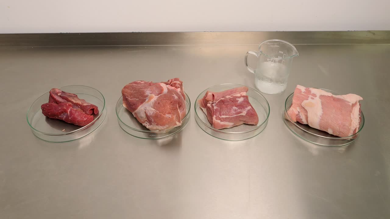 Fresh portions of meat lying on a metal table