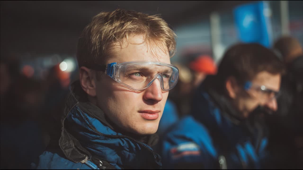 Focused Individual Wearing Protective Eyewear in a Crowded Environment, Embodying Determination and Preparation in a Professional Setting
