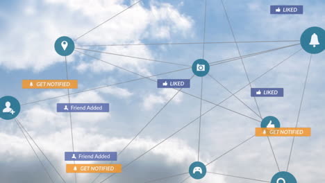 animación del texto de las redes sociales en banners con iconos digitales sobre el cielo en el fondo