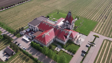 birdseye aerial view of winery building, authentic architecture of vojvodina, serbia