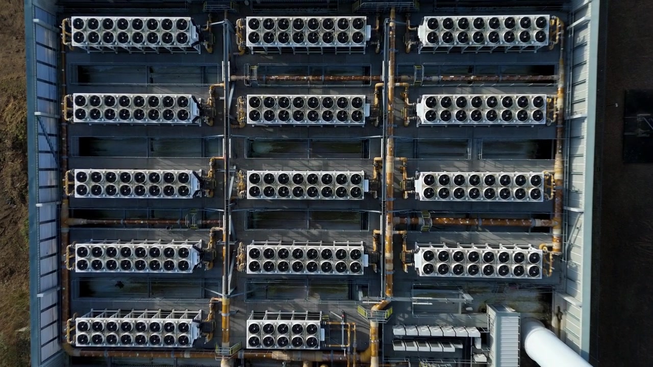 Top down view of industrial heat exchangers and ventilation infrastructure in the UK.