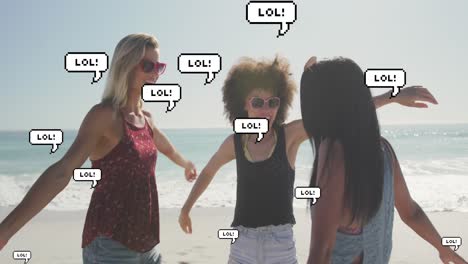 Animation-of-speech-bubbles-with-lol-text-over-female-friends-on-beach