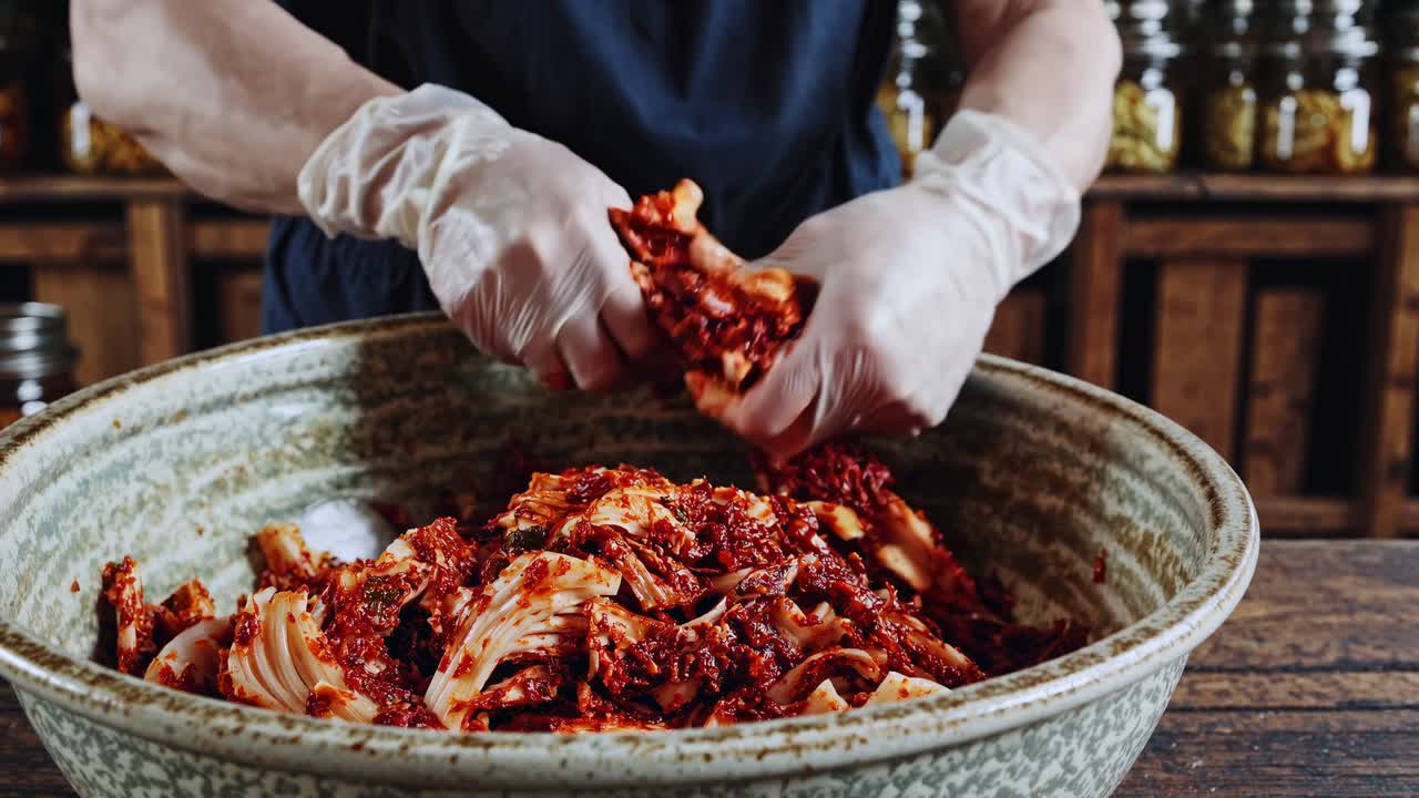 Sudut video jarak dekat tangan mengaduk kimchi pedas di dapur pedesaan