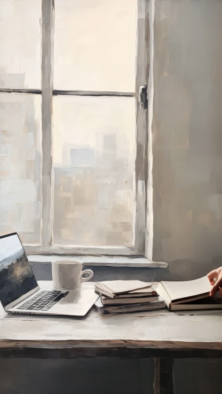 Un'area di lavoro accogliente con un portatile, libri e una tazza di caffè su una scrivania vicino a una finestra