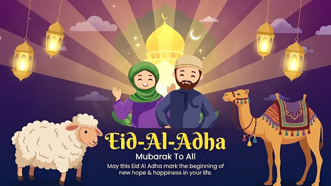 Animazione banner di celebrazione familiare Eid Al Adha con pecore, cammello, moschea, lanterne e personaggi dei cartoni animati sorridenti.