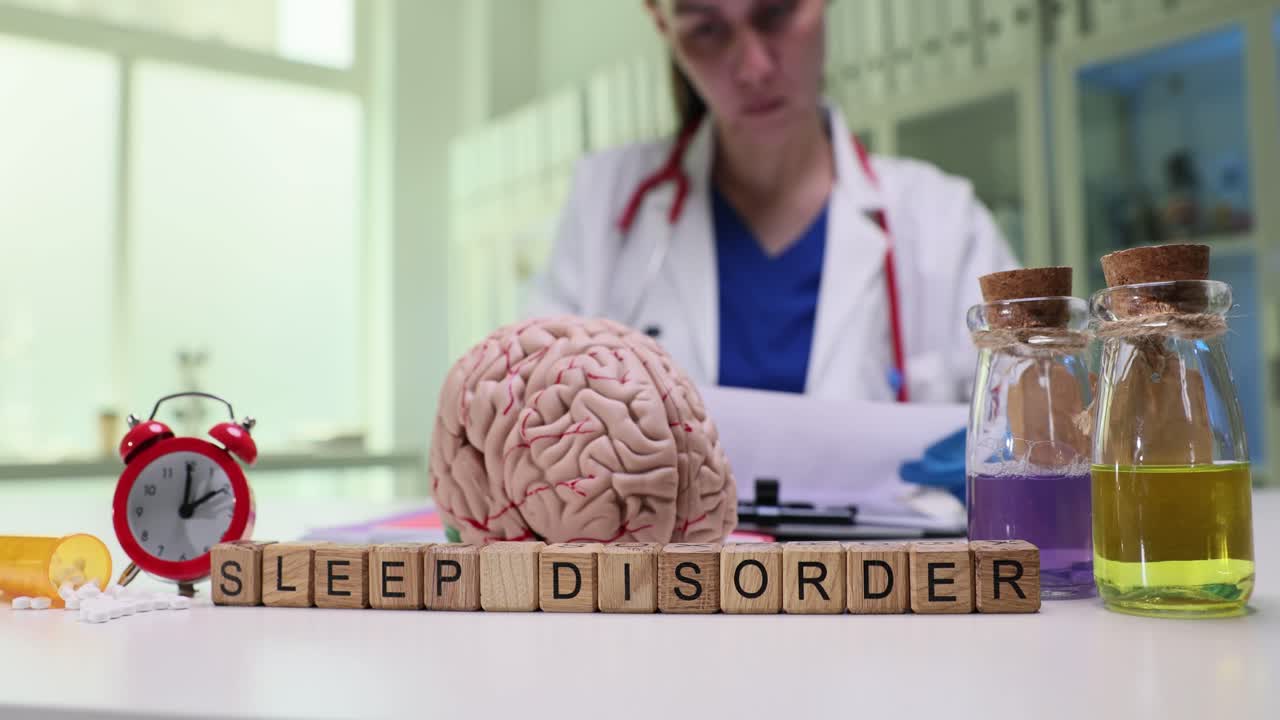 Medical concept of a sleep disorder with a brain model, alarm clock, and a doctor in the background