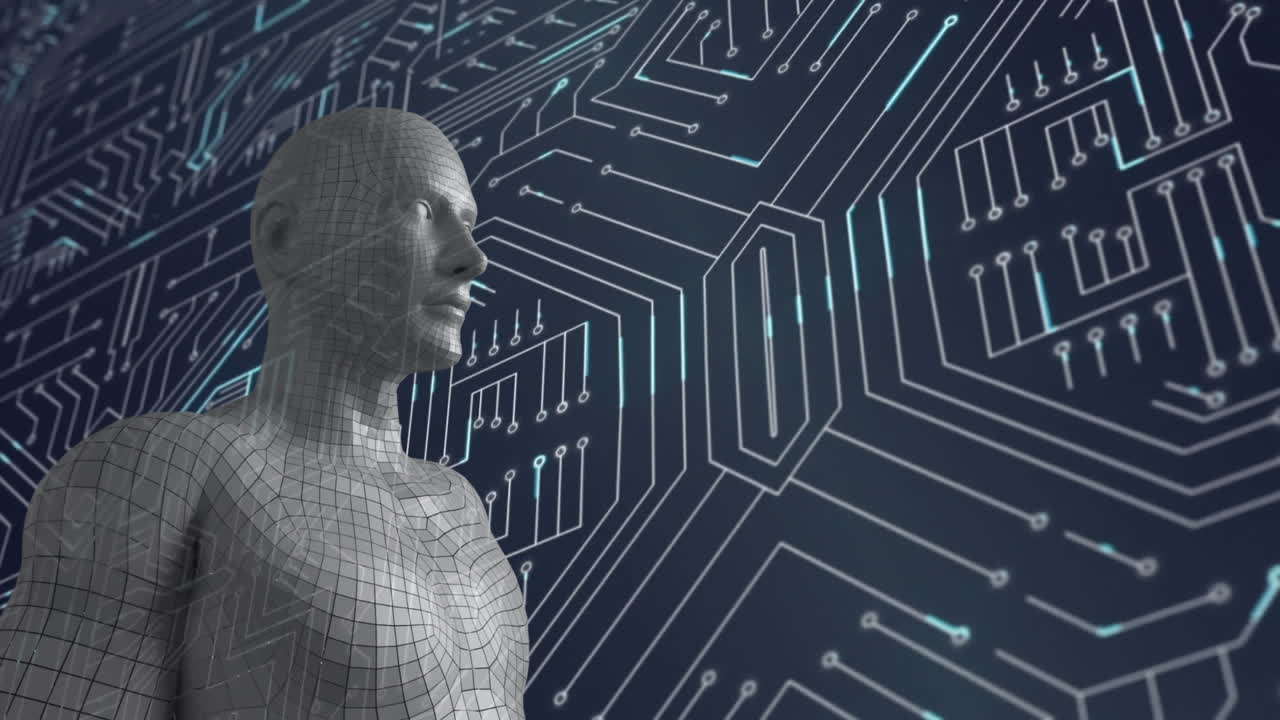 modelo humano en 3d y fondo de microchip en movimiento