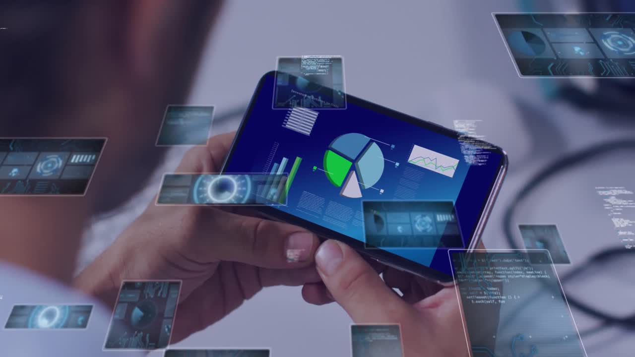 animación de escáneres de escaneo y procesamiento de datos sobre el hombre usando teléfono inteligente.