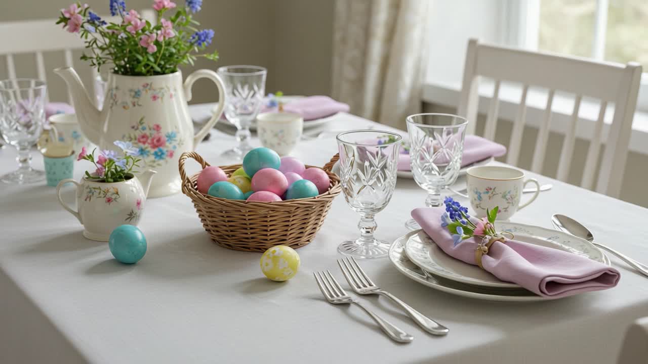 A Beautifully Set Table for Spring Gathering Featuring Colorful Easter Eggs, Elegant Dinnerware, and Fresh Floral Arrangements for Celebratory Moments