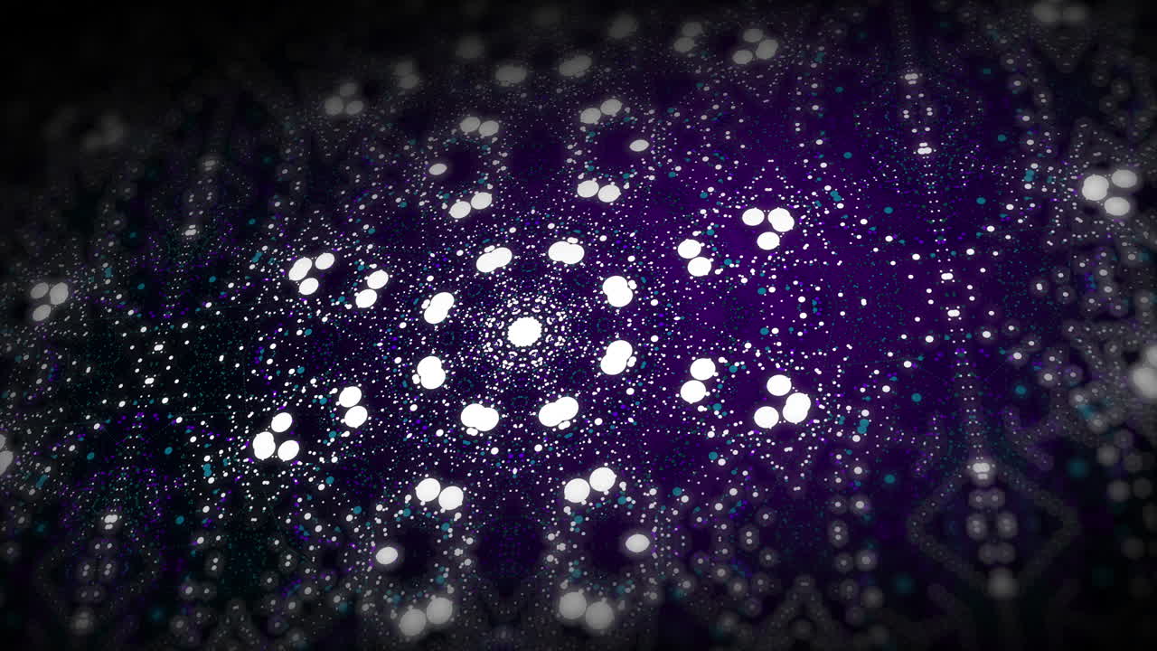 Floral kaleidoscope of small purple and white dots. Abstract mirror looped animation.