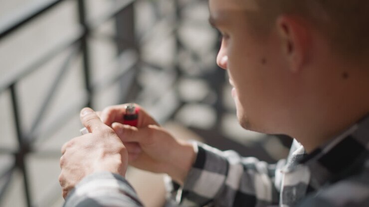 close up of young man in checkered shirt retrieving cigarette from pack and lighting it while seated near iron railing outdoors soft background blur enhances depth and mood in sunny environment