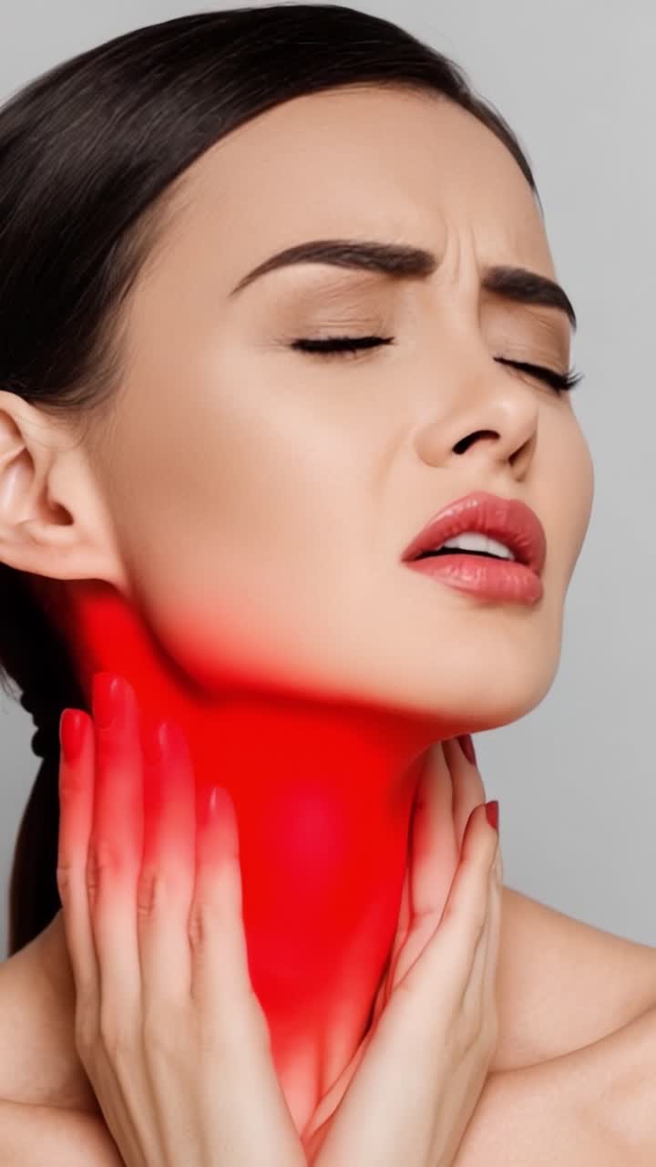 Una donna che esprime disagio con una sfumatura rossa intorno al collo: una rappresentazione artistica di dolore e vulnerabilità in un'ambientazione da ritratto.