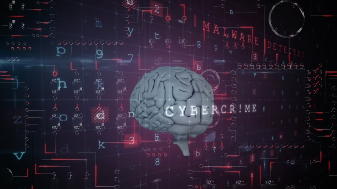 검은 바탕 위에서 인간의 뇌와 데이터 처리의 애니메이션