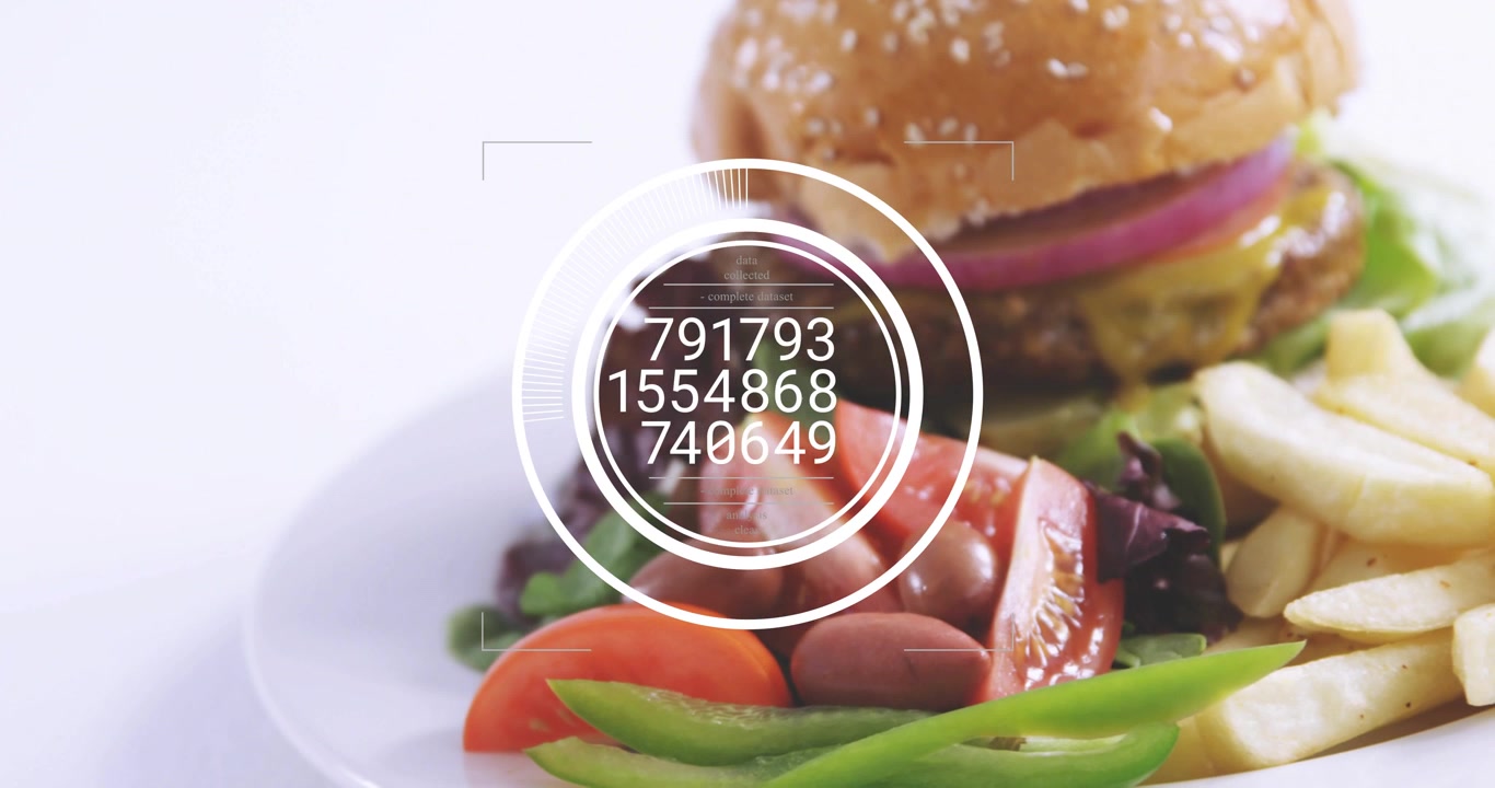 Sliding white plate revealing sesame burger, fries and salad on studio tabletop, HUD appearing