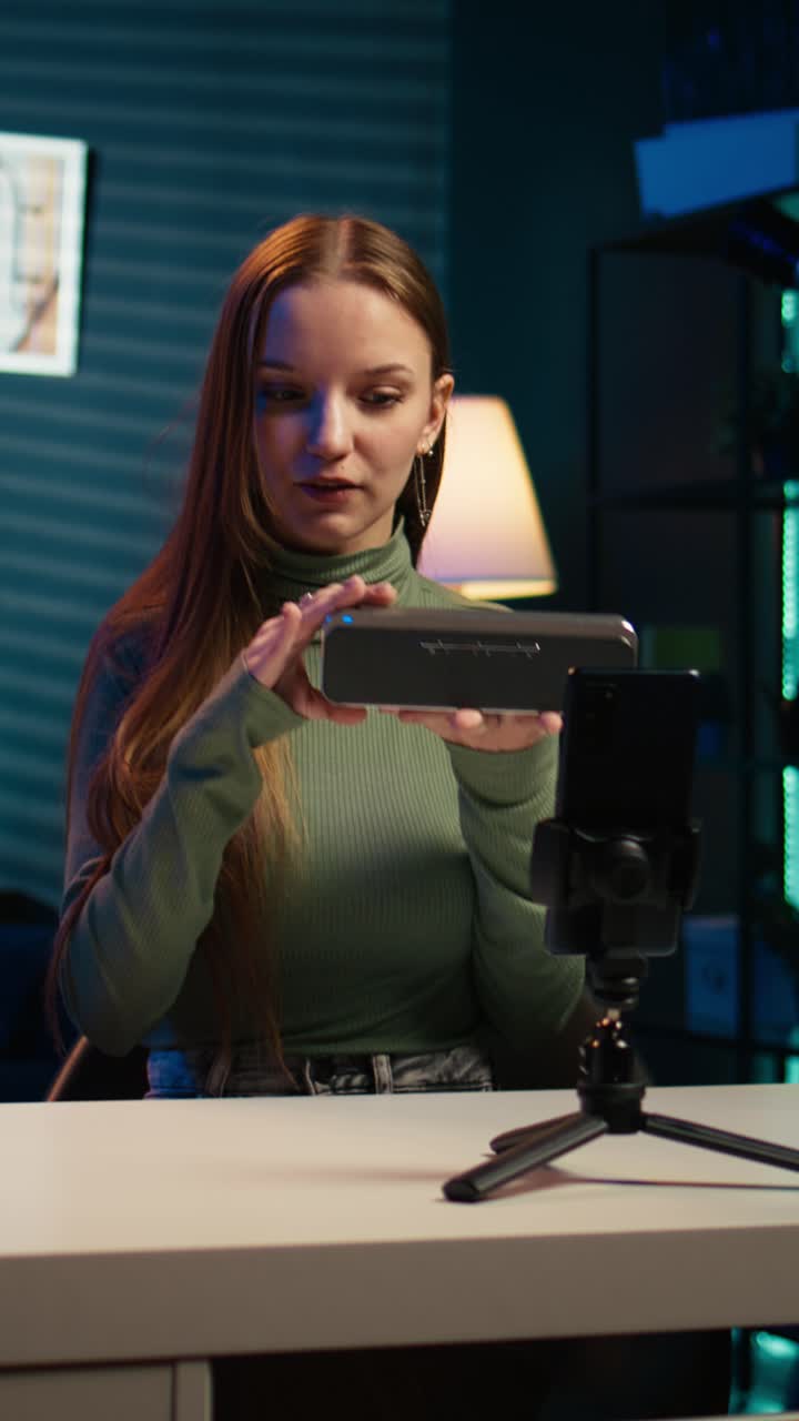 Young Woman Vlogger Reviewing Portable Speaker on Smartphone