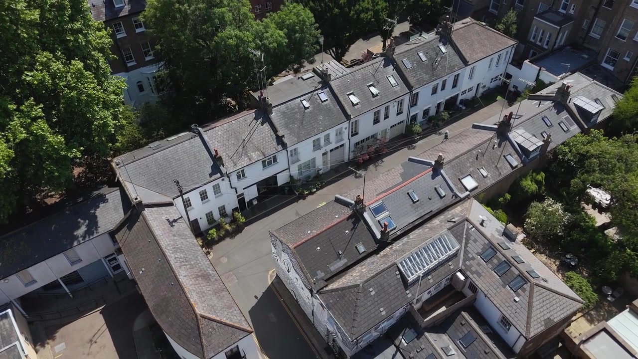Terrace of white houses with chimney stacks and a glazed rear extension backs onto mature trees in a quiet prime street
