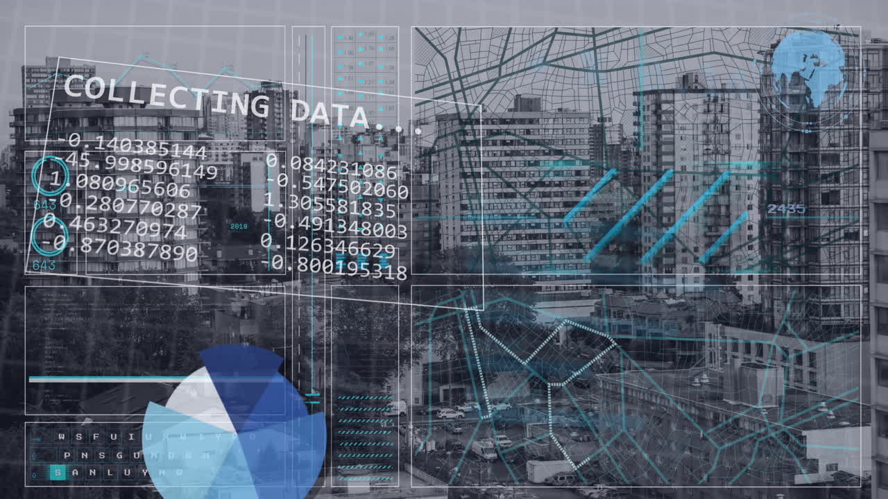 animación del procesamiento de datos financieros sobre la ciudad