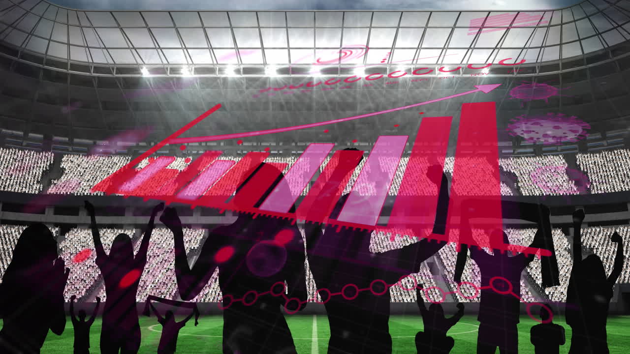 procesamiento de datos estadísticos de coronavirus sobre la silueta de los fanáticos animando contra el estadio deportivo